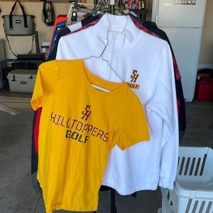 T shirt and 1/2 zip sweatshirt.